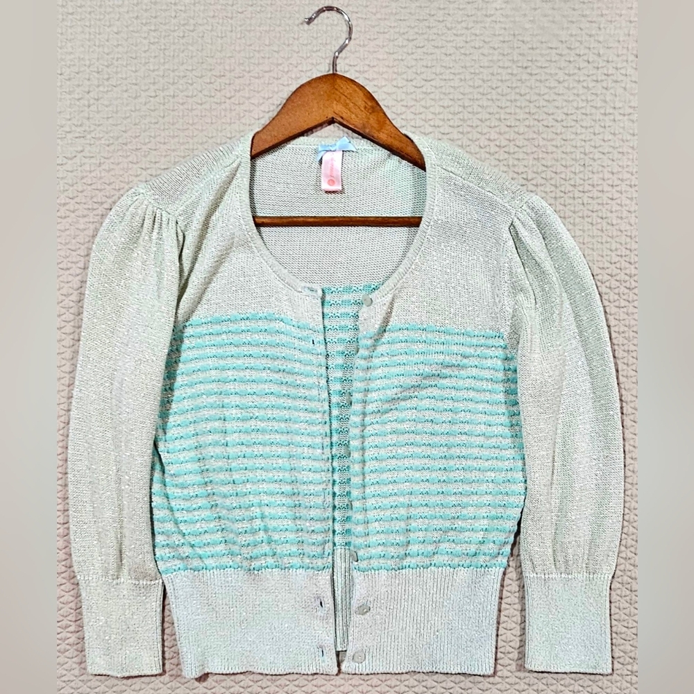 DownEast Modern Aqua Blue Striped‎ Metallic Knit Cardigan Sweater Size L